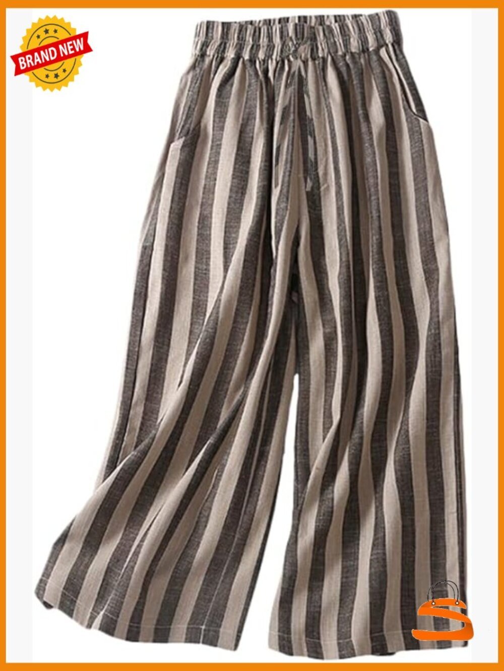 Linen Cropped Wide Leg Pants Elastic Waist Palazzo Trousers with Pockets
